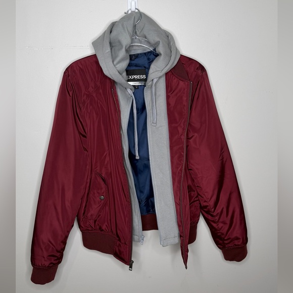 Express - Men’s Wine/Burgundy Bomber Jacket Coat Zip Up Gray Hood Small - Picture 8 of 8